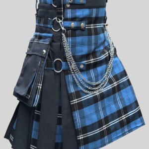 Gothic Ramsey Blue Front Apron Tartan Hybrid Kilt Make a bold statement with the Gothic Ramsey Blue Front Apron Tartan Hybrid Kilt, combining distinctive Scottish tartan style with a modern gothic-inspired aesthetic. The striking Ramsey blue tartan front apron creates a standout appearance, while the hybrid kilt design adds a contemporary edge to the traditional silhouette. Ideal for festivals, themed events, gatherings, casual outings, and Scottish celebrations, this versatile kilt is designed for those who want to express their individual style while embracing classic tartan influences. Key Features: Distinctive Ramsey blue tartan front apron Gothic-inspired modern styling Contemporary hybrid kilt design Bold and versatile appearance Suitable for festivals, events, celebrations, and casual wear Combines traditional tartan character with modern kilt fashion