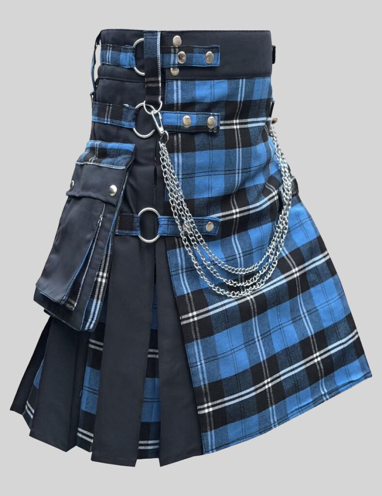 Gothic Ramsey Blue Front Apron Tartan Hybrid Kilt Make a bold statement with the Gothic Ramsey Blue Front Apron Tartan Hybrid Kilt, combining distinctive Scottish tartan style with a modern gothic-inspired aesthetic. The striking Ramsey blue tartan front apron creates a standout appearance, while the hybrid kilt design adds a contemporary edge to the traditional silhouette. Ideal for festivals, themed events, gatherings, casual outings, and Scottish celebrations, this versatile kilt is designed for those who want to express their individual style while embracing classic tartan influences. Key Features: Distinctive Ramsey blue tartan front apron Gothic-inspired modern styling Contemporary hybrid kilt design Bold and versatile appearance Suitable for festivals, events, celebrations, and casual wear Combines traditional tartan character with modern kilt fashion